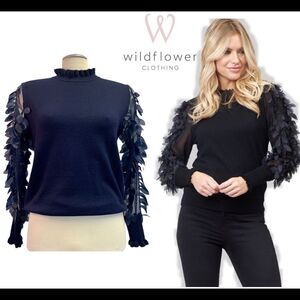 WILD Flower navy Leaf Mesh Sleeves Jumper Sz XS